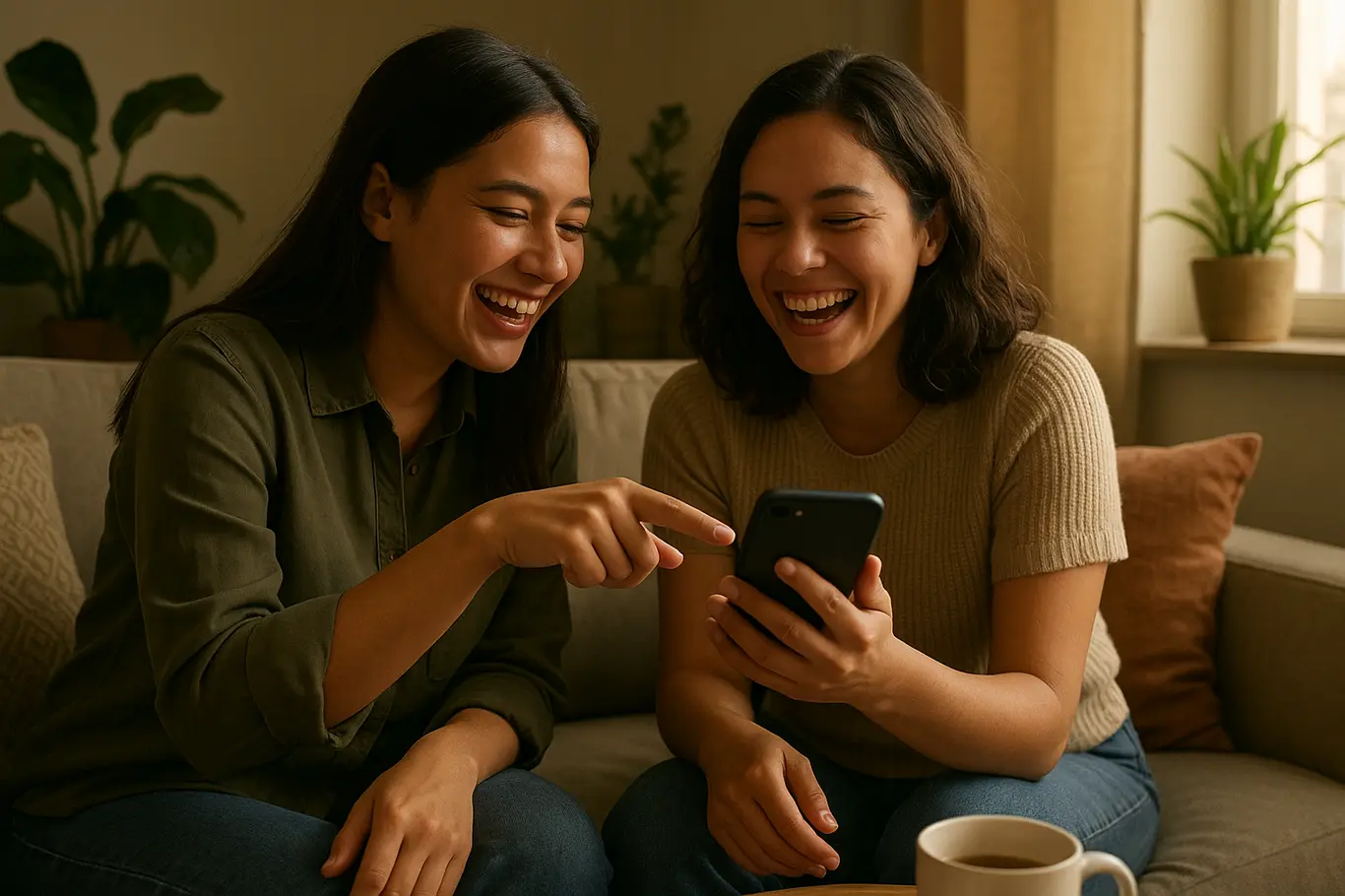 Duas amigas no sofá apontando para a tela de um celular, rindo