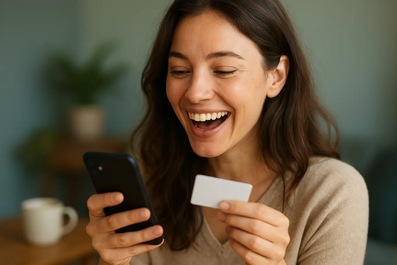 Close-up de mulher em 3/4 rindo ao olhar para o celular, reação a mensagem sobre presente