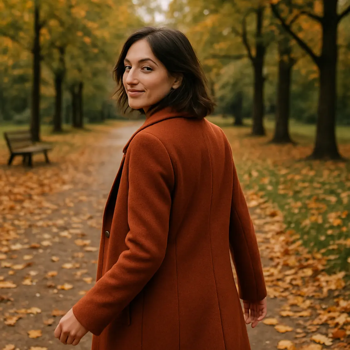 Mulher de 3/4 caminhando por parque de outono, virando a cabeça com sorriso suave.