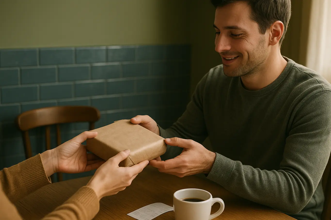 Mãos trocando um pacote embrulhado em papel kraft sobre uma mesa de café