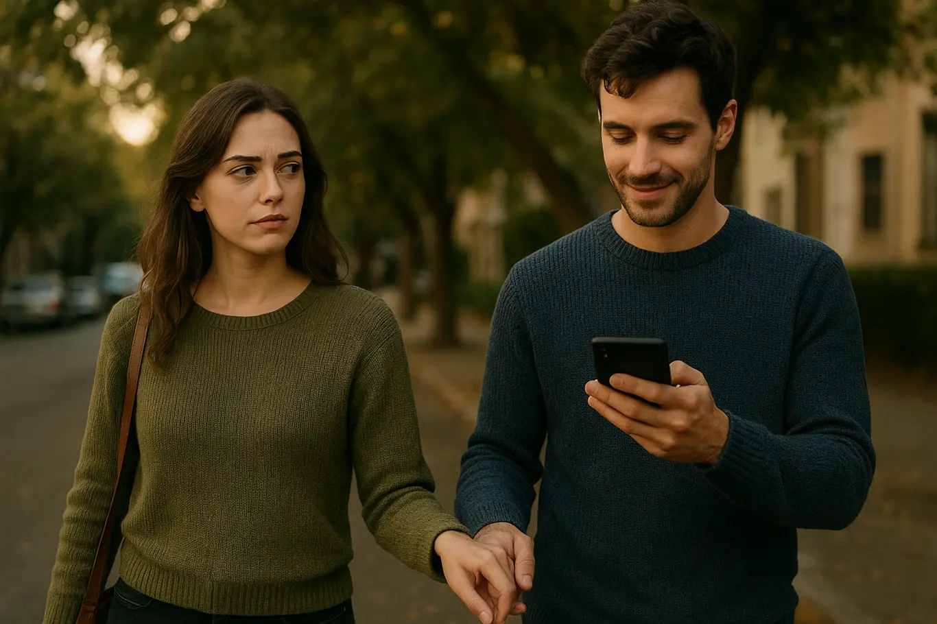 Casal andando de mãos dadas na calçada; ele checa o celular enquanto ela observa de lado com expressão pensativa.
