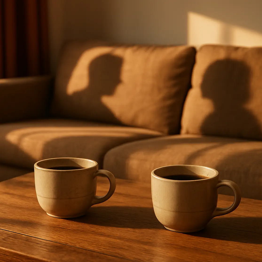 Mesa baixa com duas xícaras de café afastadas, sugerindo distância entre o casal.