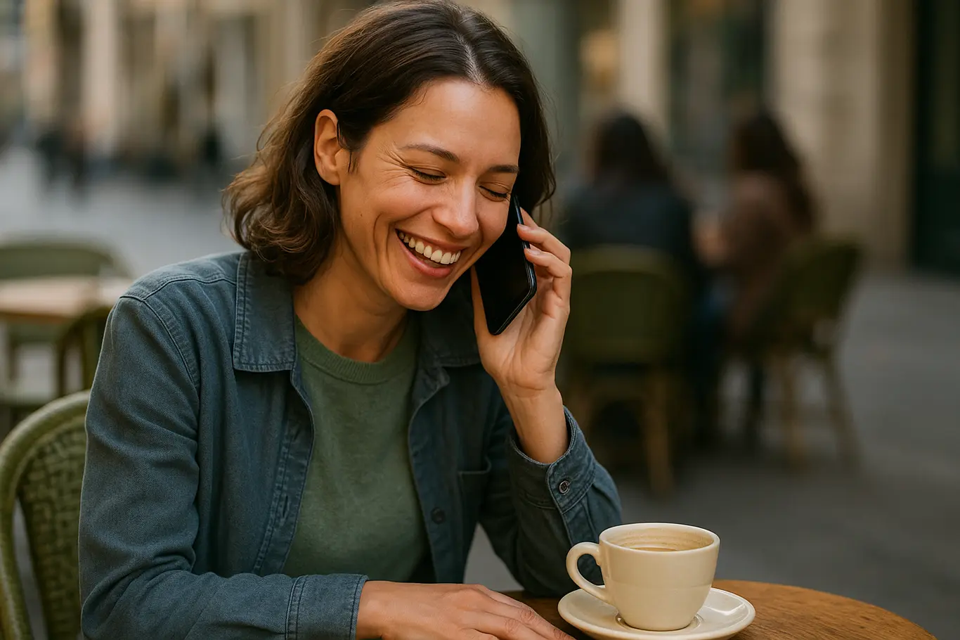 Mulher rindo ao telefone em um café ao ar livre, expressão genuína