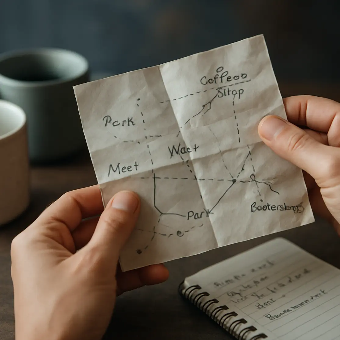 Close-up de mãos trocando mapa dobrado com ideias de encontro, canecas e bloco de notas ao lado
