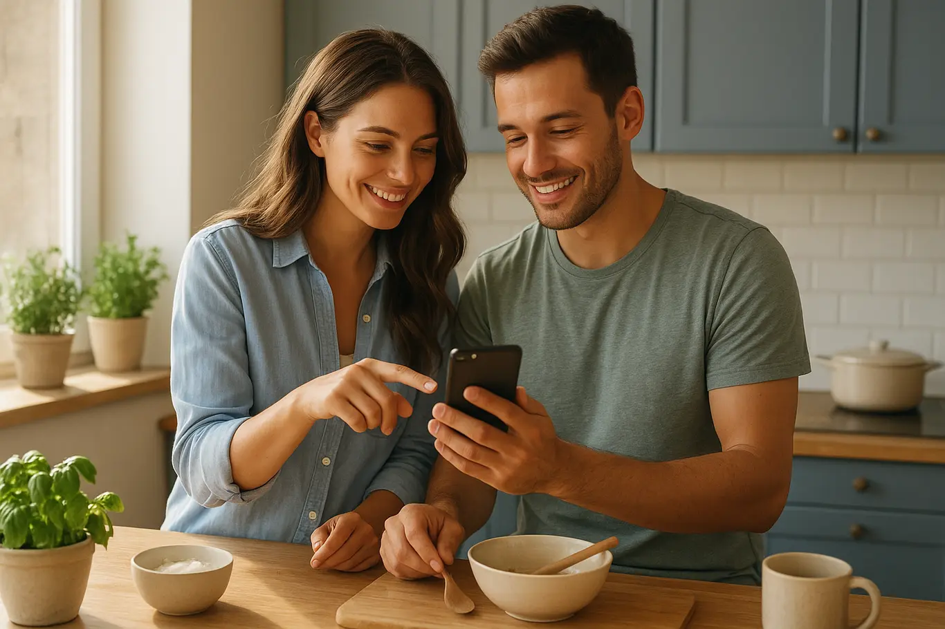 Casal na cozinha sorrindo enquanto um mostra o celular com a tela desfocada.