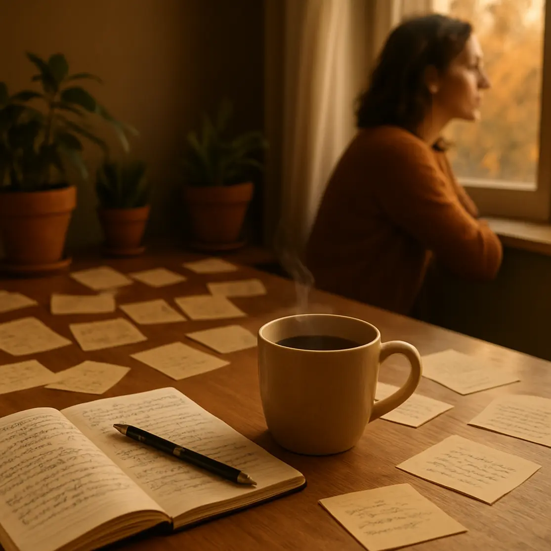Mesa com caderno de anotações e xícara de café, ao fundo pessoa em perfil 3/4 olhando pensativa pela janela