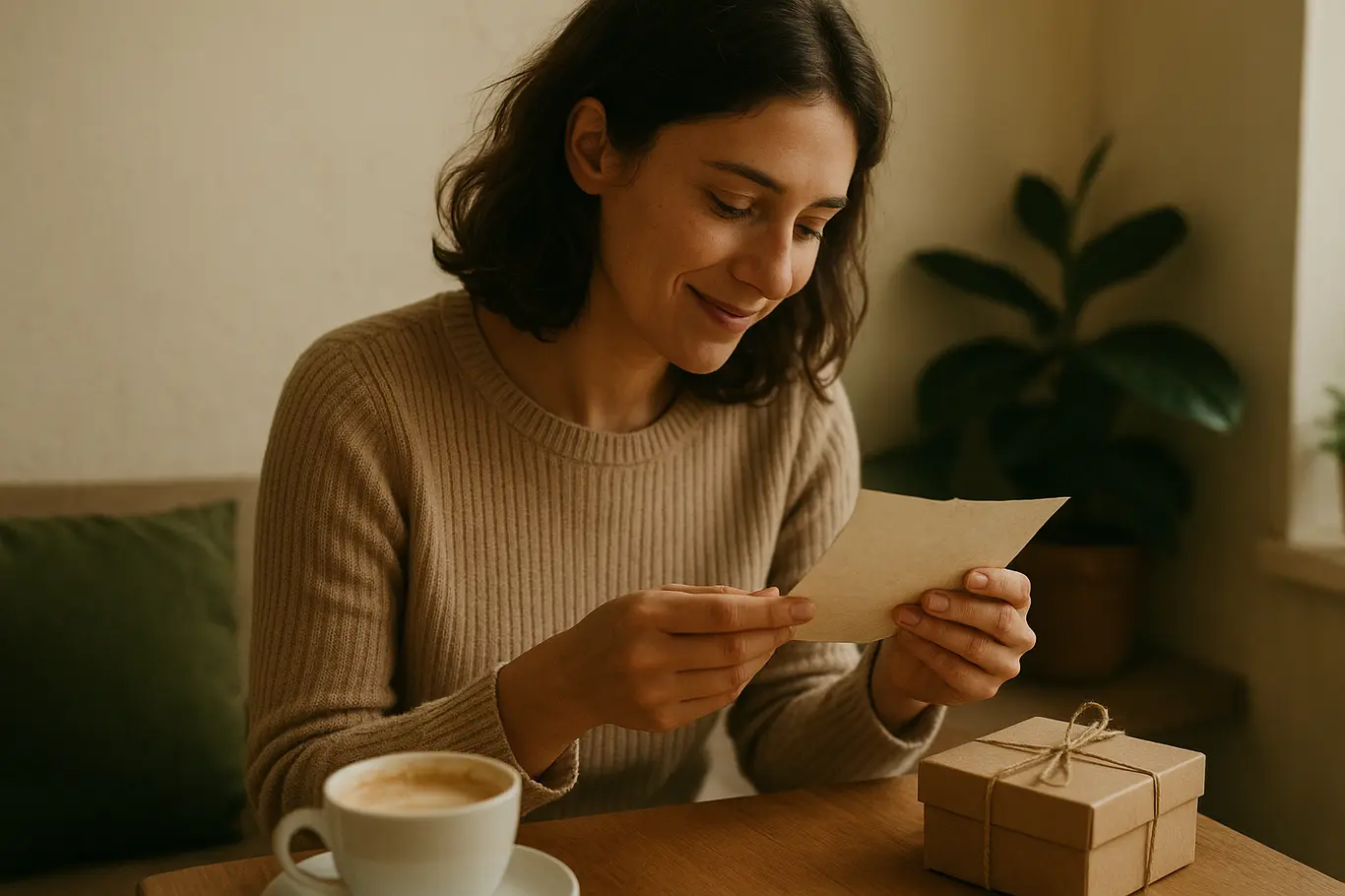 Mulher lendo um bilhete manuscrito em uma mesa de café com expressão suave e sorriso contido
