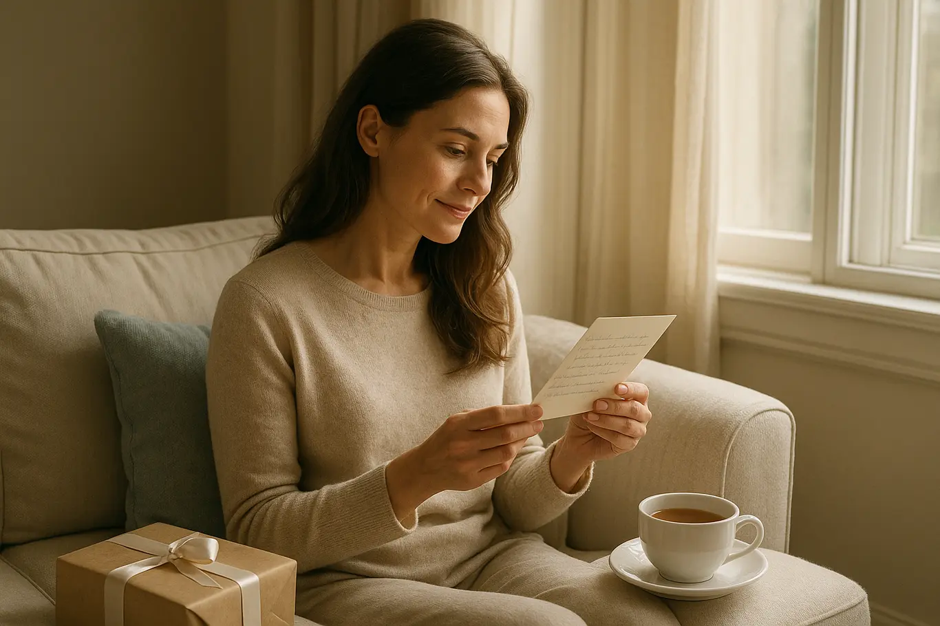 Mulher lendo um cartão manuscrito junto à janela, expressão contemplativa e suave