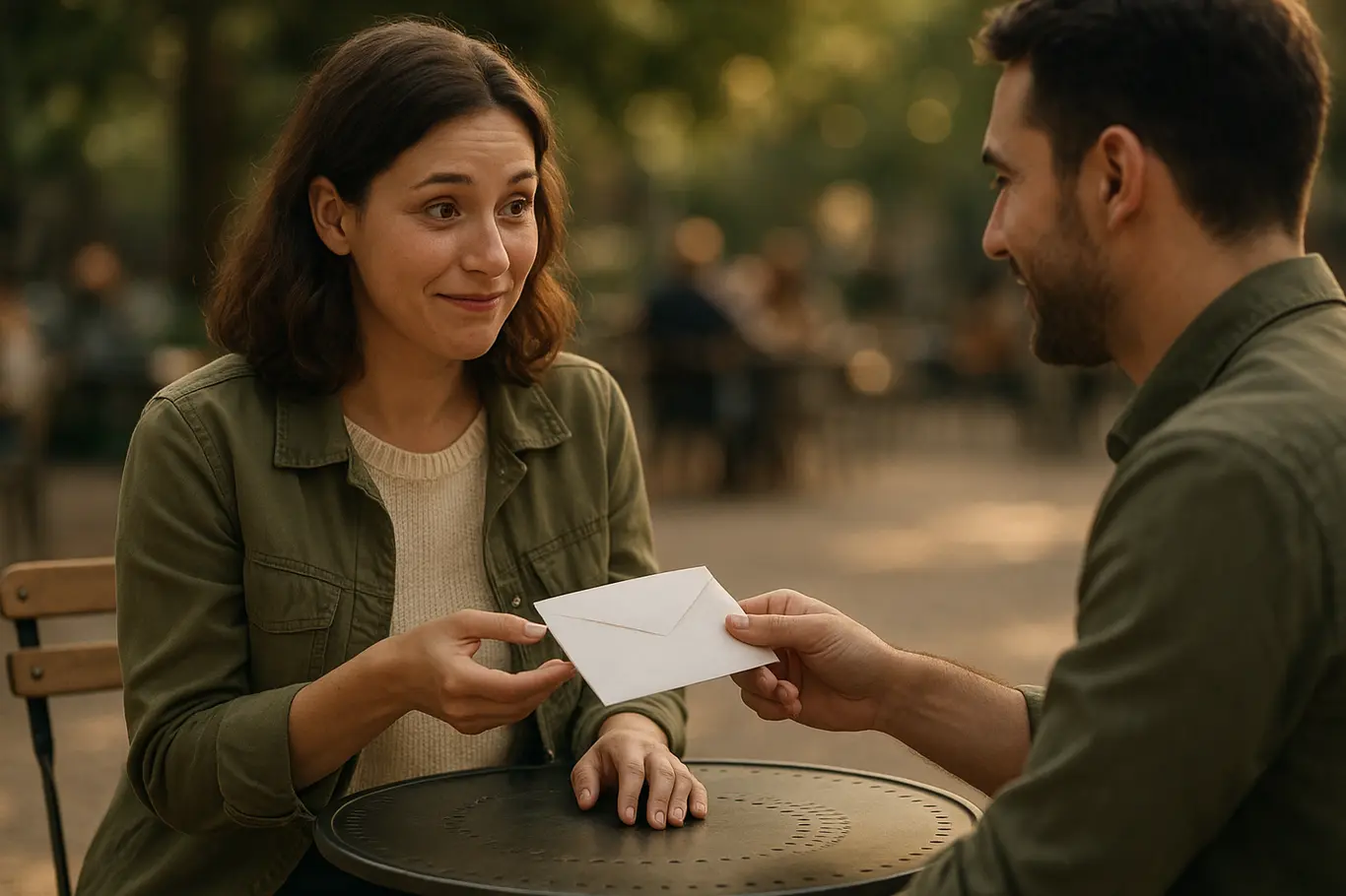 Mãos entregando uma carta em um café, reação com sorriso tímido