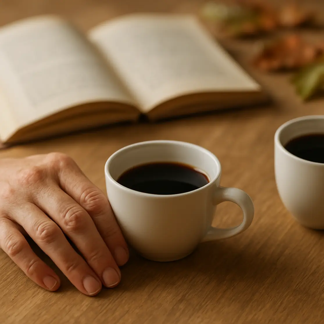 Detalhe de duas xícaras de café separadas e mão hesitante ao lado, mesa de madeira