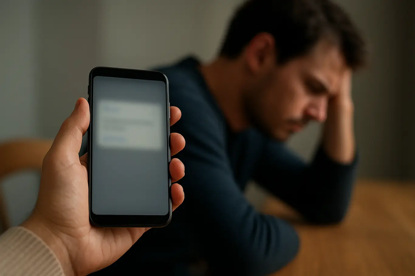 Mão segurando celular com notificação, parceiro desfocado ao fundo virado de costas.