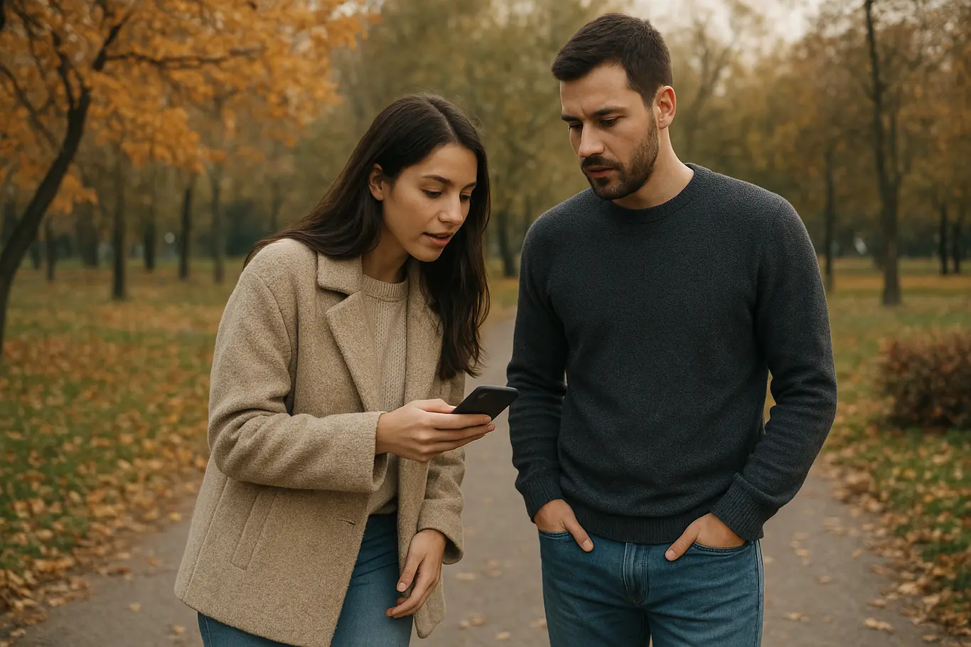 Casal caminhando no parque, mulher mostrando o celular enquanto conversam, atmosfera outonal suave.