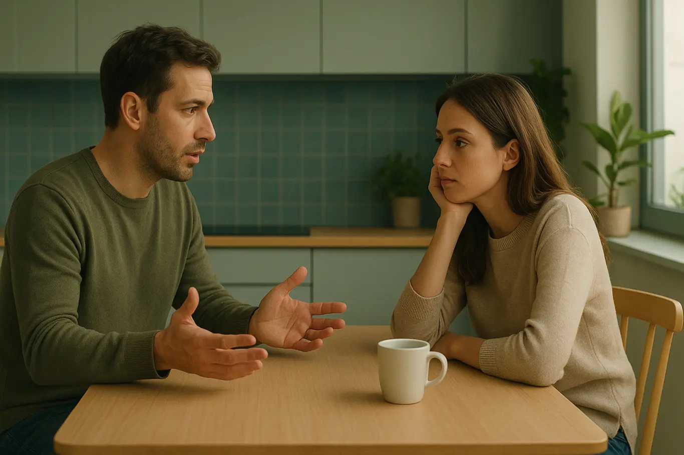 Casal sentado em lados opostos da mesa, ele fala gesticulando, ela escuta com xícara de café