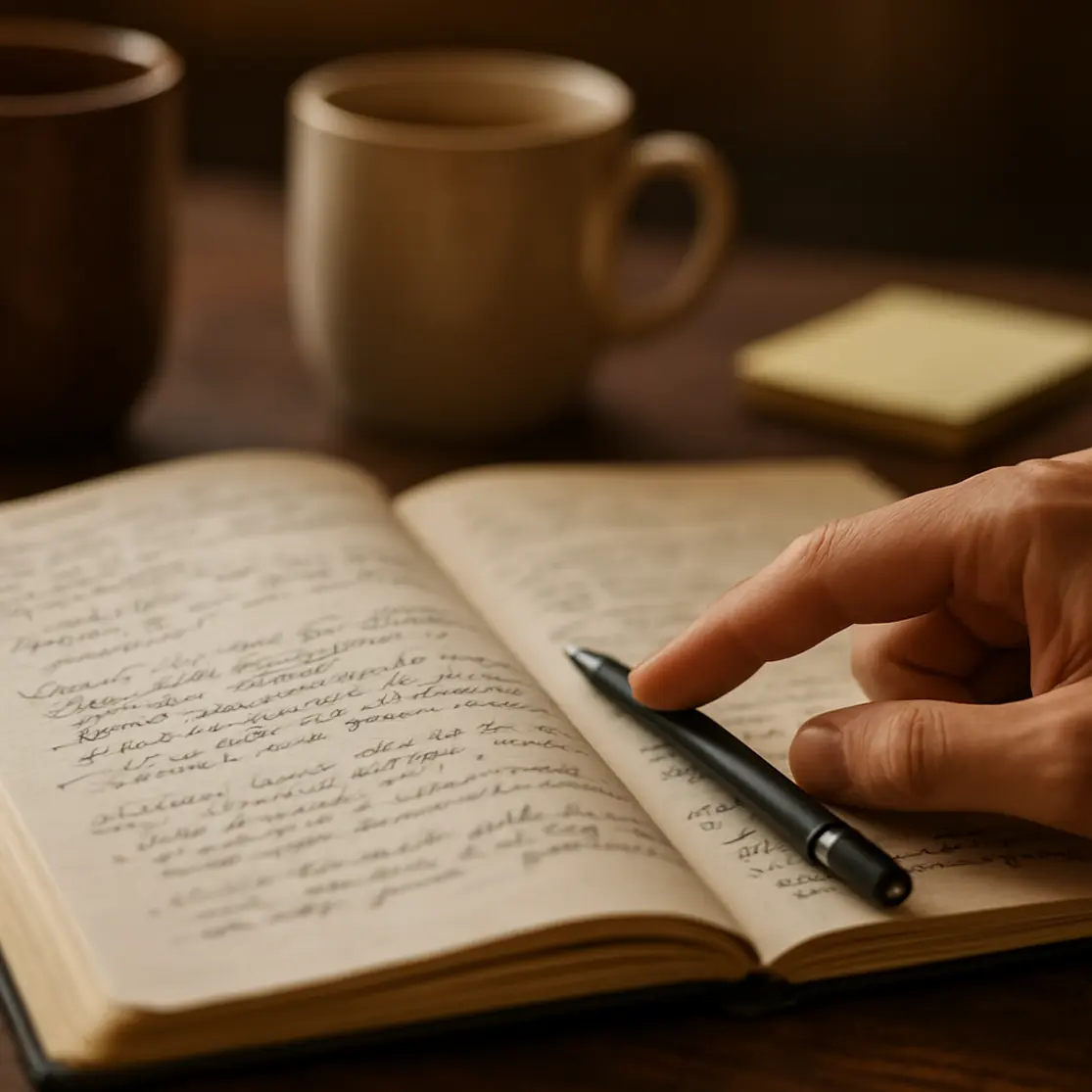 Close-up de caderno aberto com anotações, caneta e mão apontando, xícaras desfocadas ao fundo