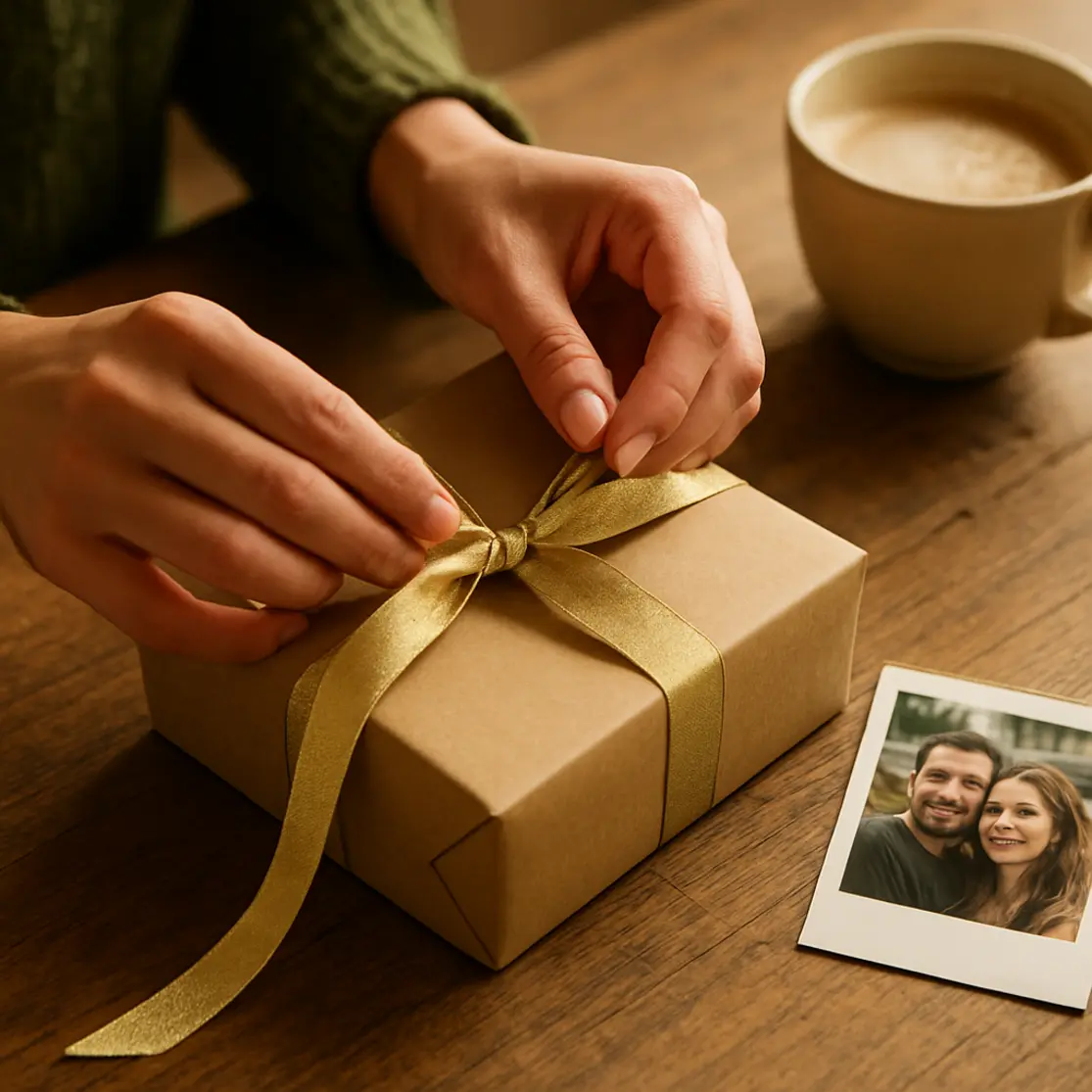 Mãos amarrando fita dourada em caixa de presente sobre mesa com polaroid e xícara ao lado