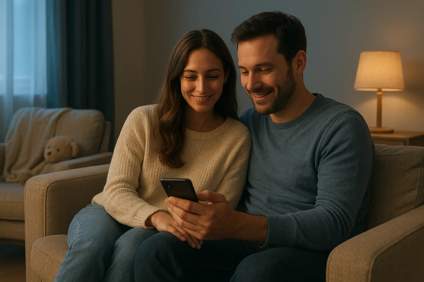 Casal no sofá olhando um celular, abajur aceso ao lado e brinquedo desfocado