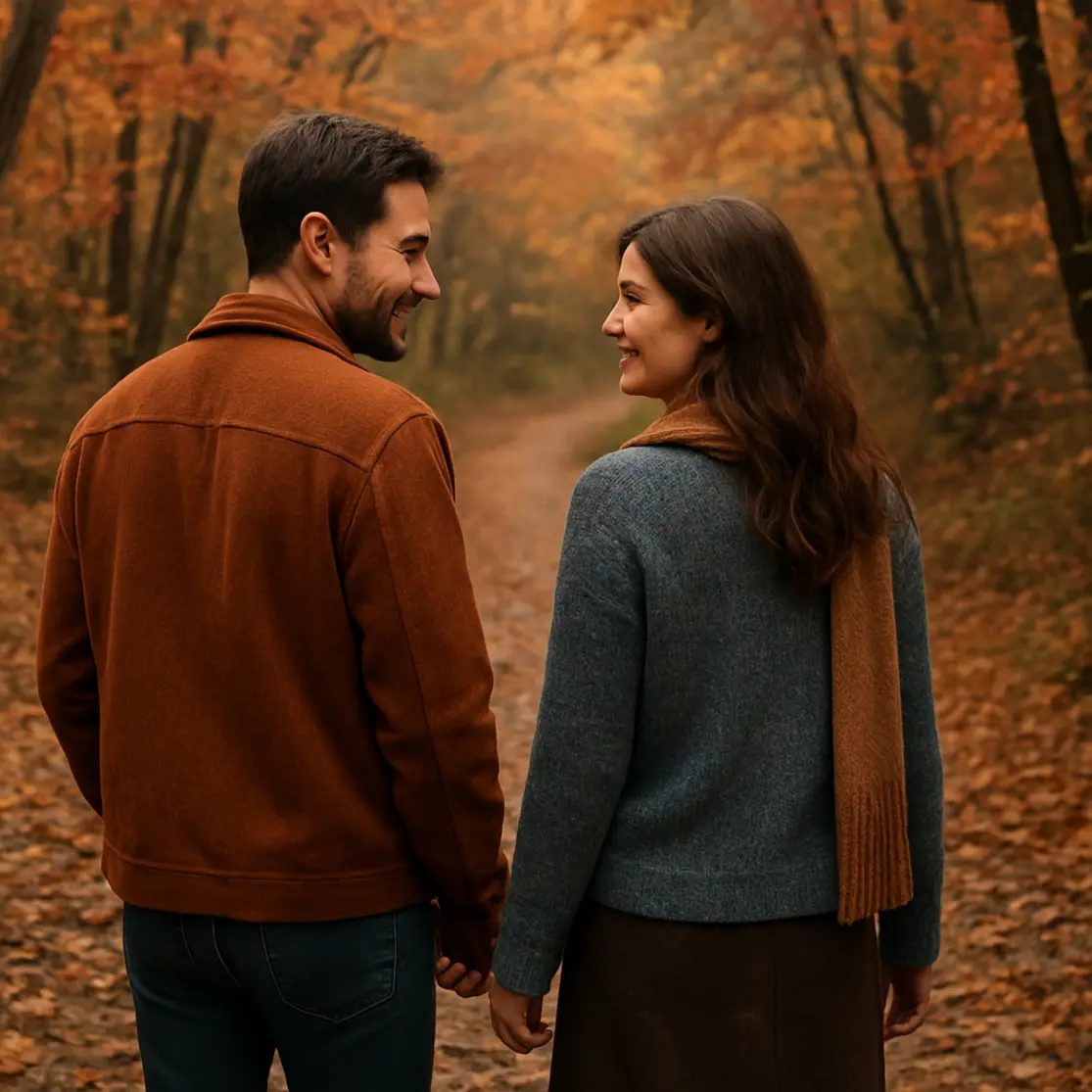Casal caminhando em 3/4 por trilha de parque no outono, leve distância entre eles, folhas no chão e sorriso contido